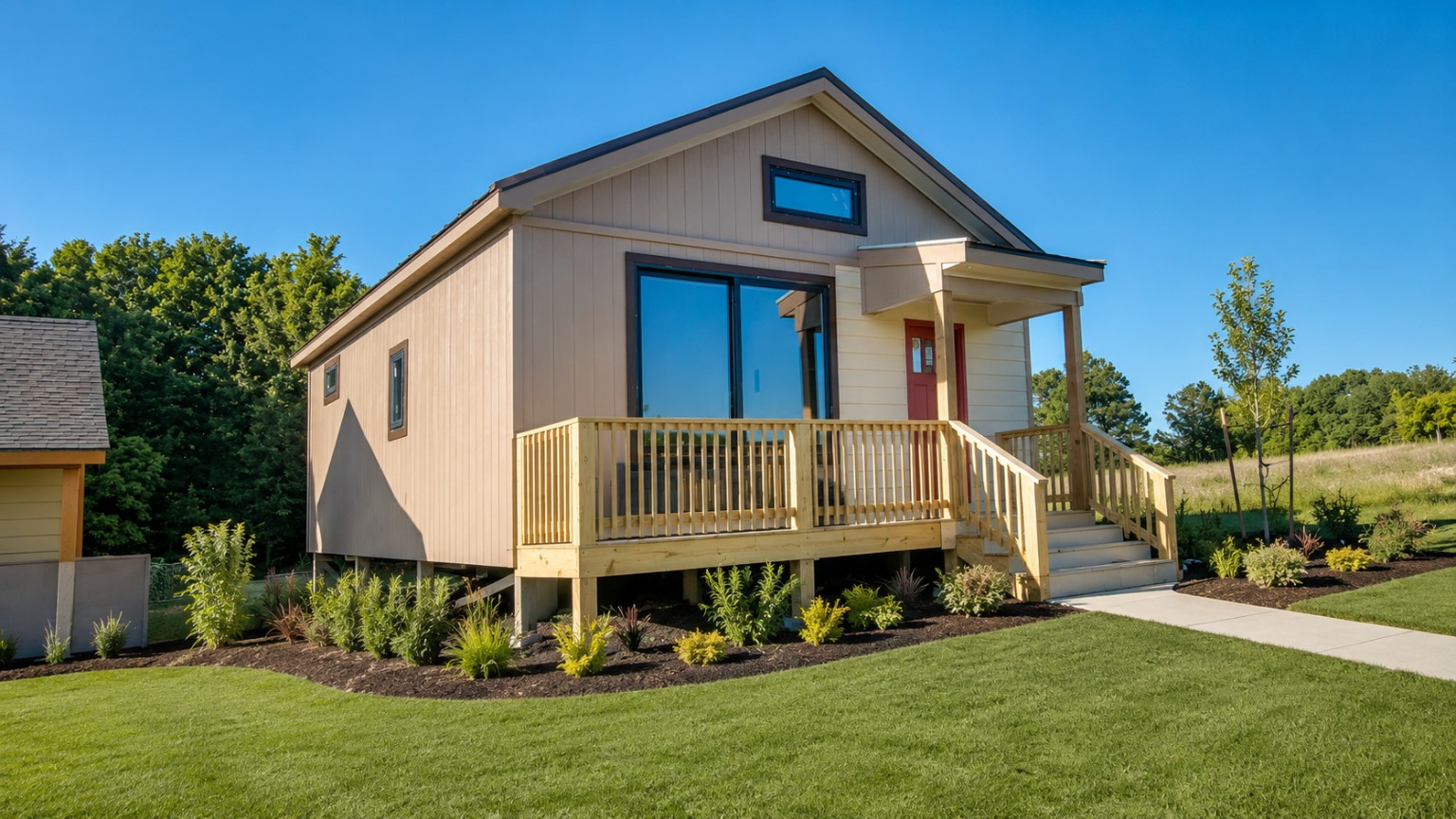 Small blue cabin with porch in a sunny grassy yard, with trees and a neighboring building nearby