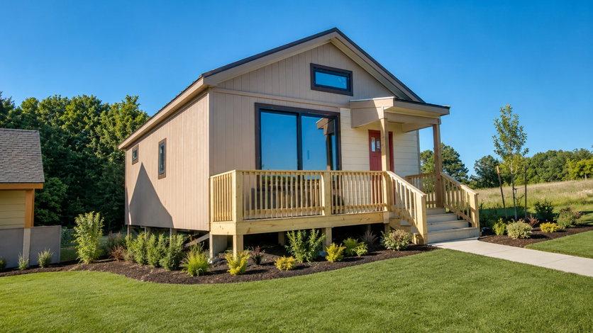 Small blue cabin with porch in a sunny grassy yard, with trees and a neighboring building nearby