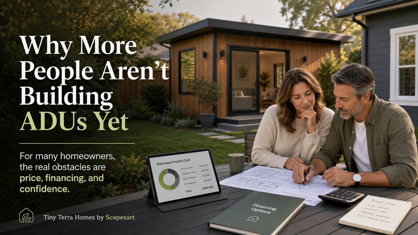 Homebuyers reviewing ADU plans at a table beside a modern backyard cottage; text says, “Why More People Aren’t Building ADUs Yet.”
