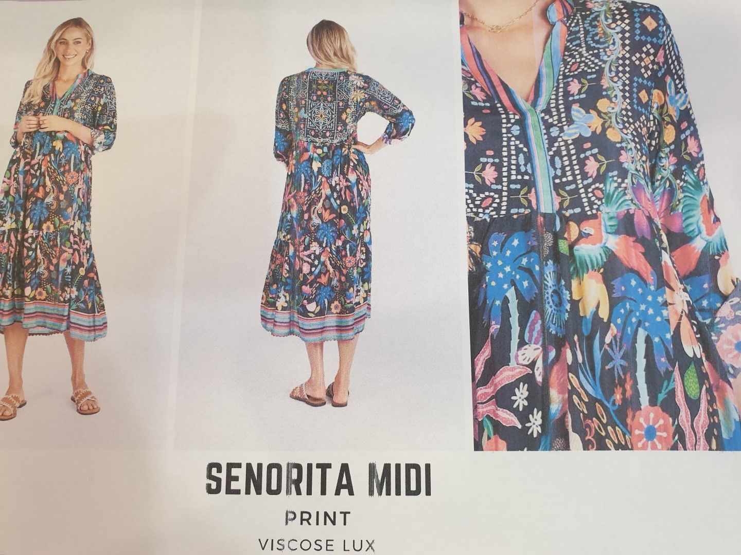 Woman modeling a Senorita Midi dress with colorful floral print; front and back views.