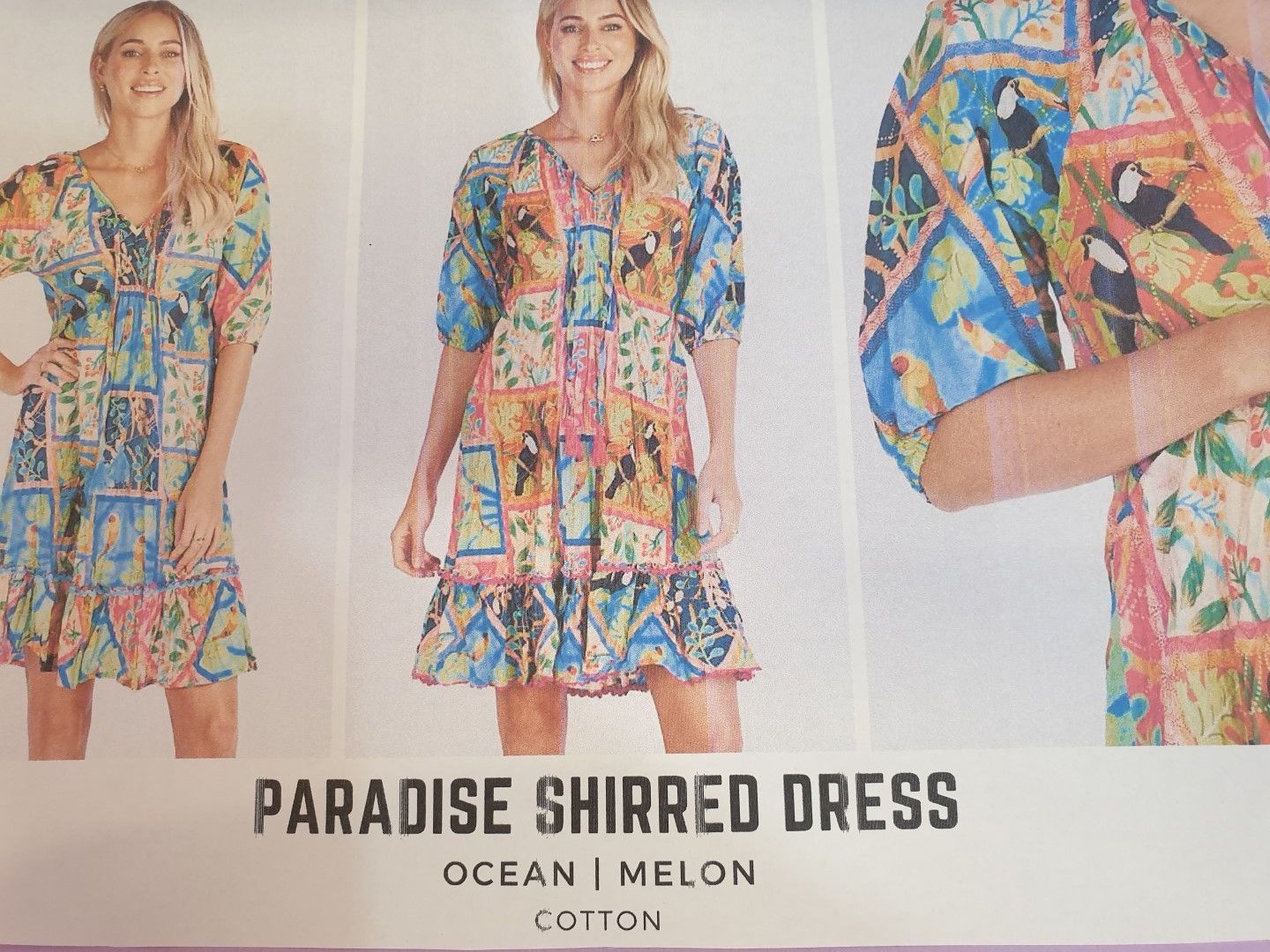 Woman modeling a colorful, patterned 