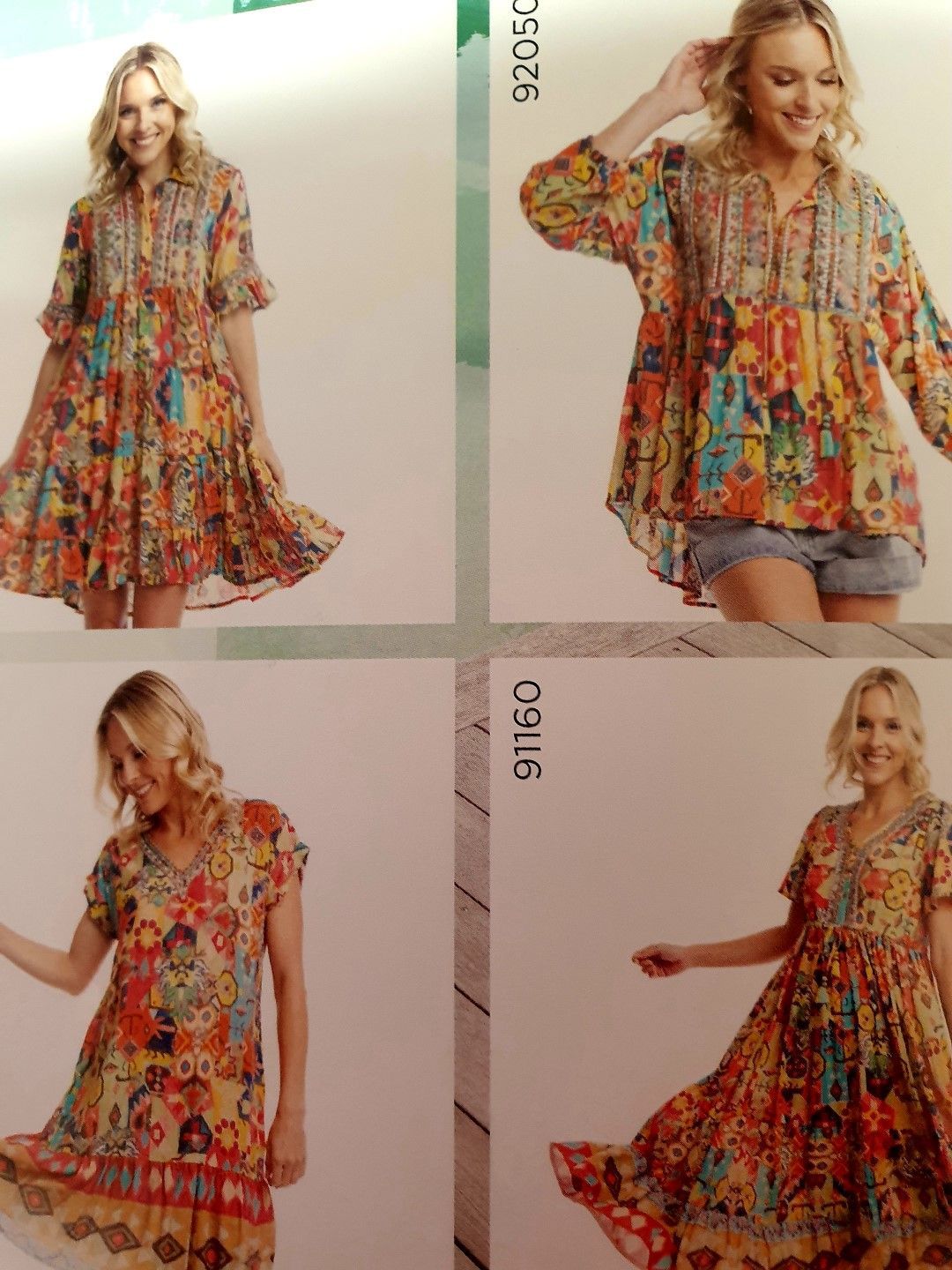 Four colorful bohemian-style outfits on models, featuring various dresses and tops with intricate patterns.