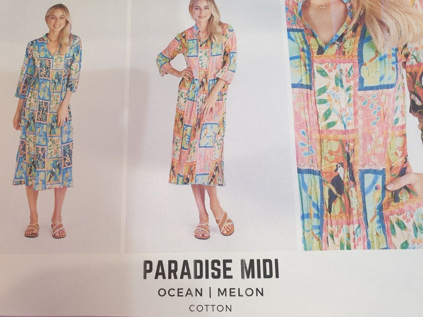 Woman in colorful patchwork midi dress; ocean and melon colors.