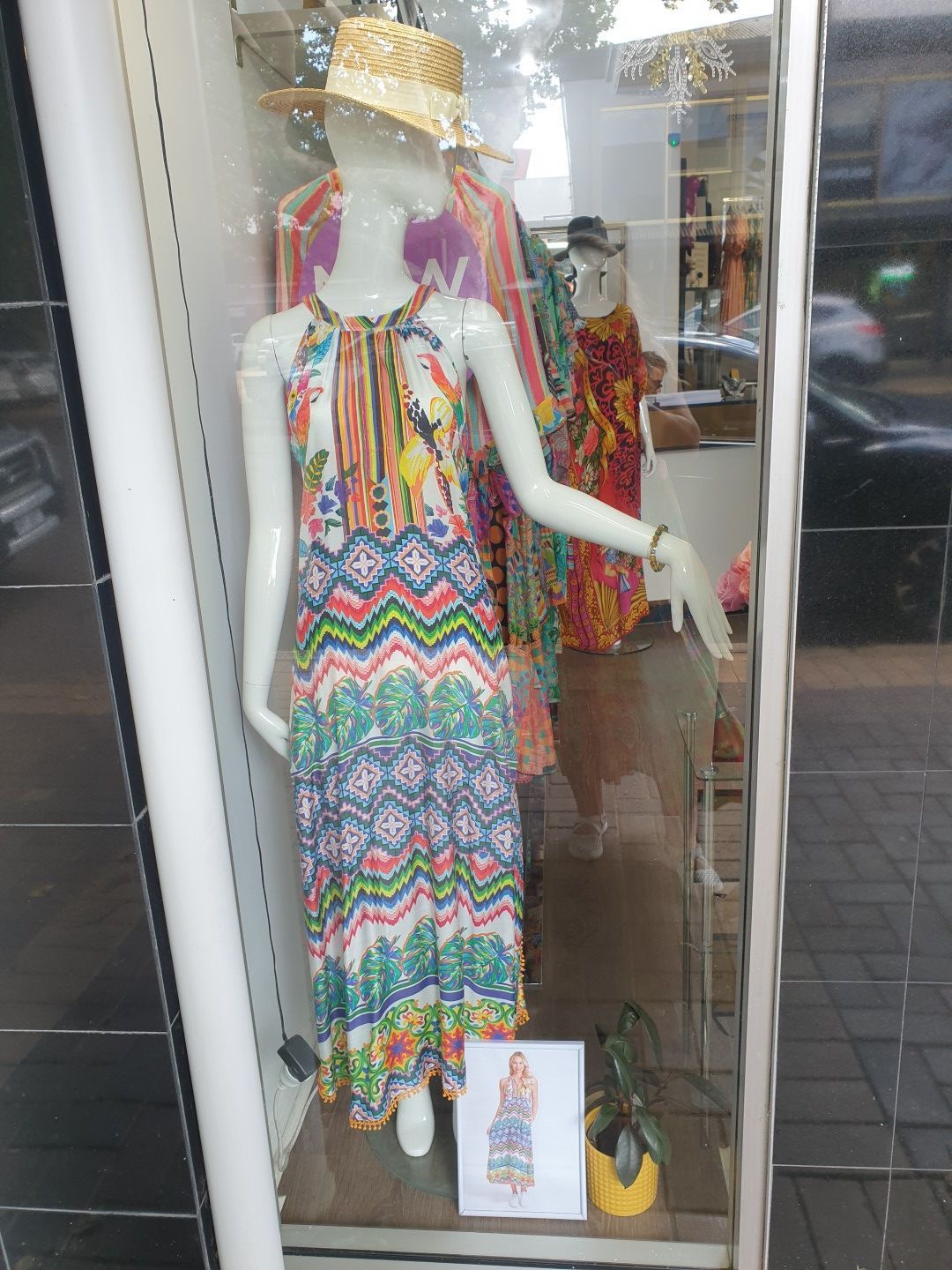 Mannequin in colorful patterned dress in a shop window, with straw hat, illustration, and plant.