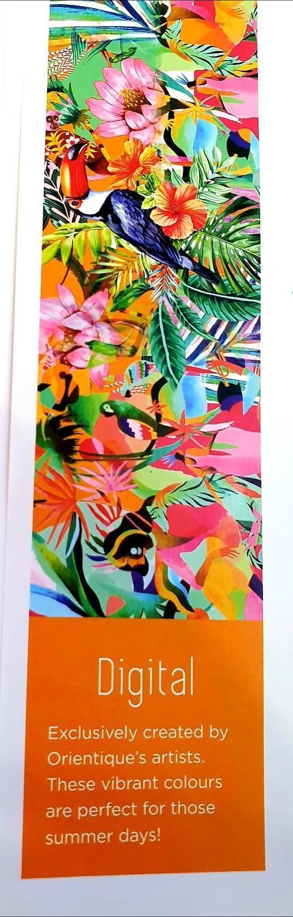 Bookmark with a colorful floral design and a black bird. Orange section has 