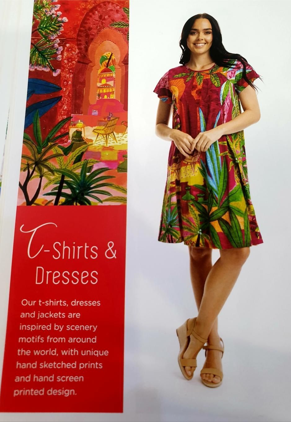 Woman wearing a colorful floral dress; text on red background says 