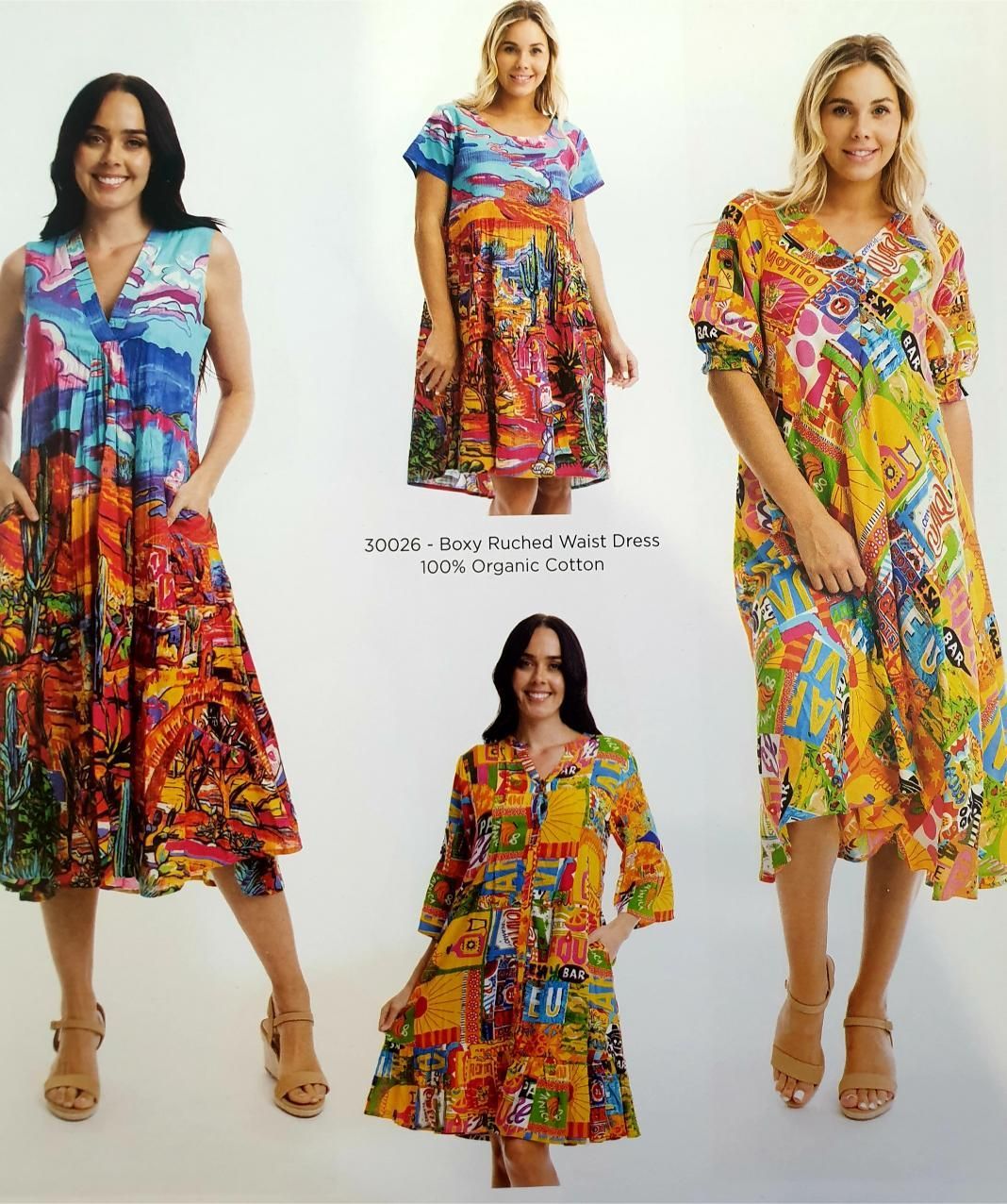 Women modeling colorful printed dresses, various styles.