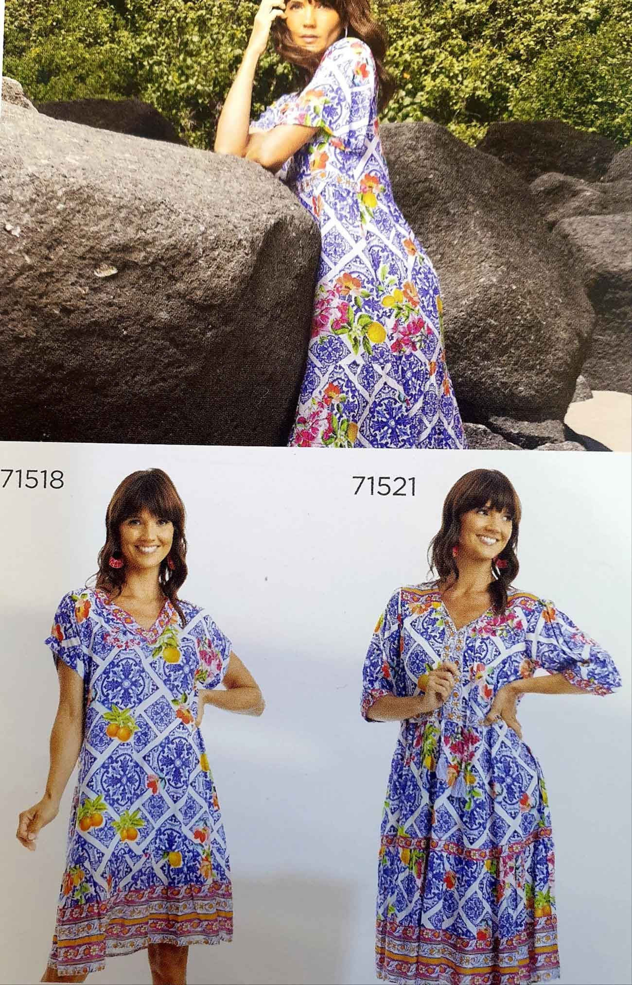 Woman in floral dress posing by rocks. Two women modeling similar dresses; blue and white floral print.