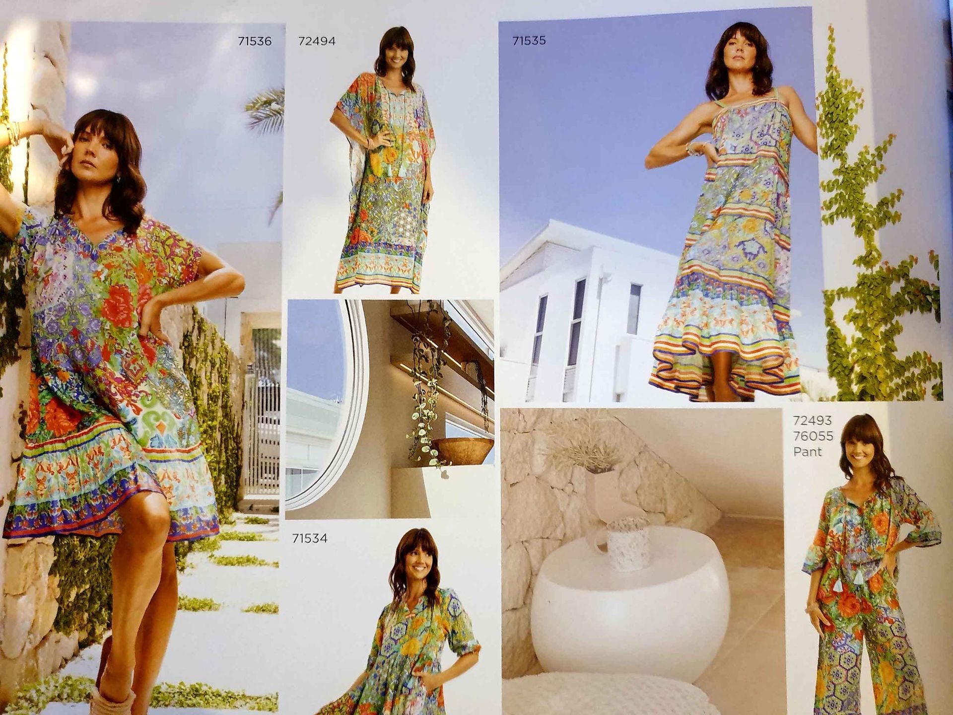 Fashion spread with women modeling colorful floral dresses in various outdoor settings.