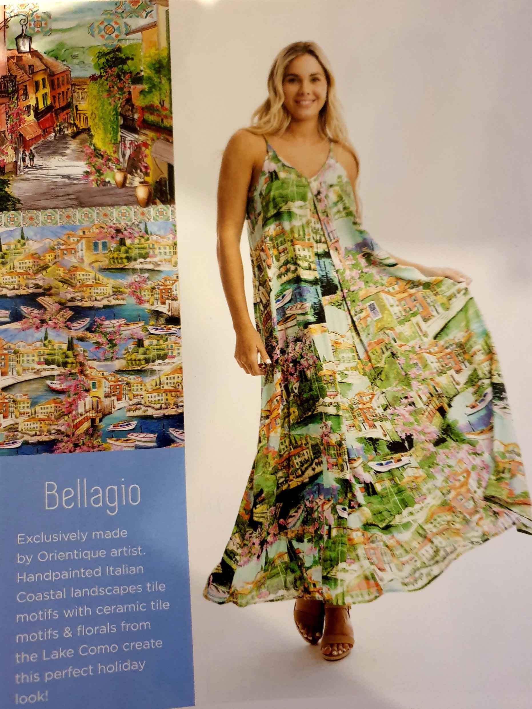 Woman in a flowy dress with a Bellagio map print; next to the dress are Bellagio landscape paintings.
