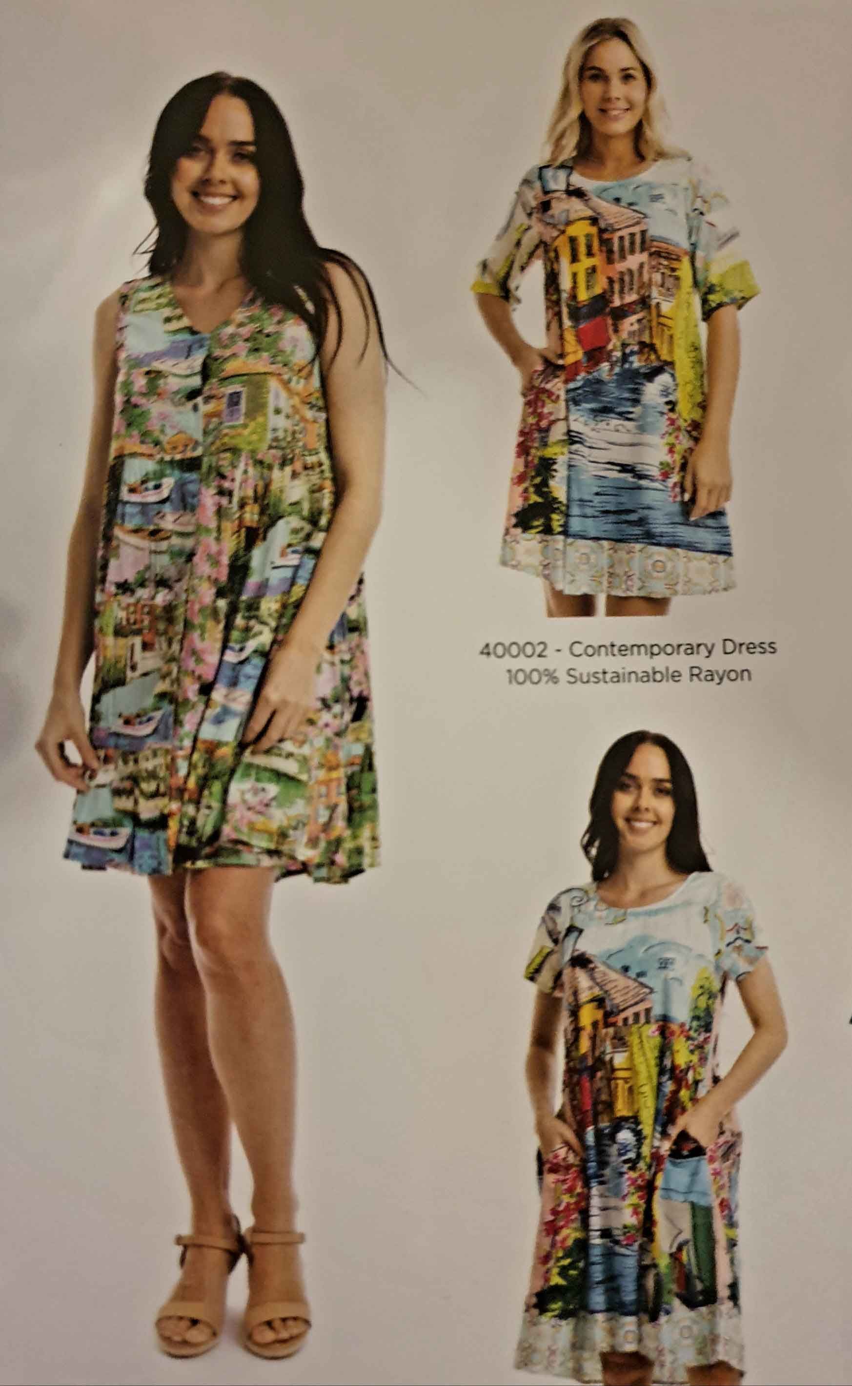 Three women in colorful print dresses; a sleeveless, a short-sleeved, and a dress with capped sleeves.