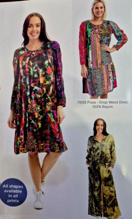 Women in colorful patterned dresses, standing. White text: 