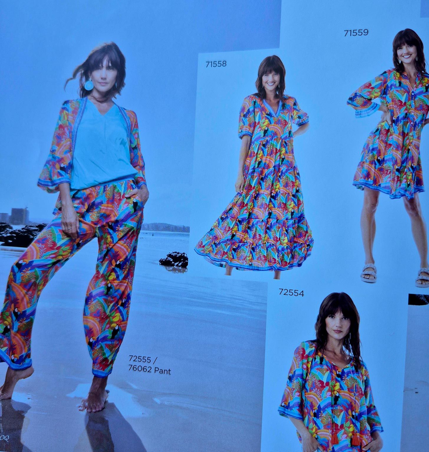 Woman in colorful floral outfits, posing on a beach, showcasing various clothing styles.