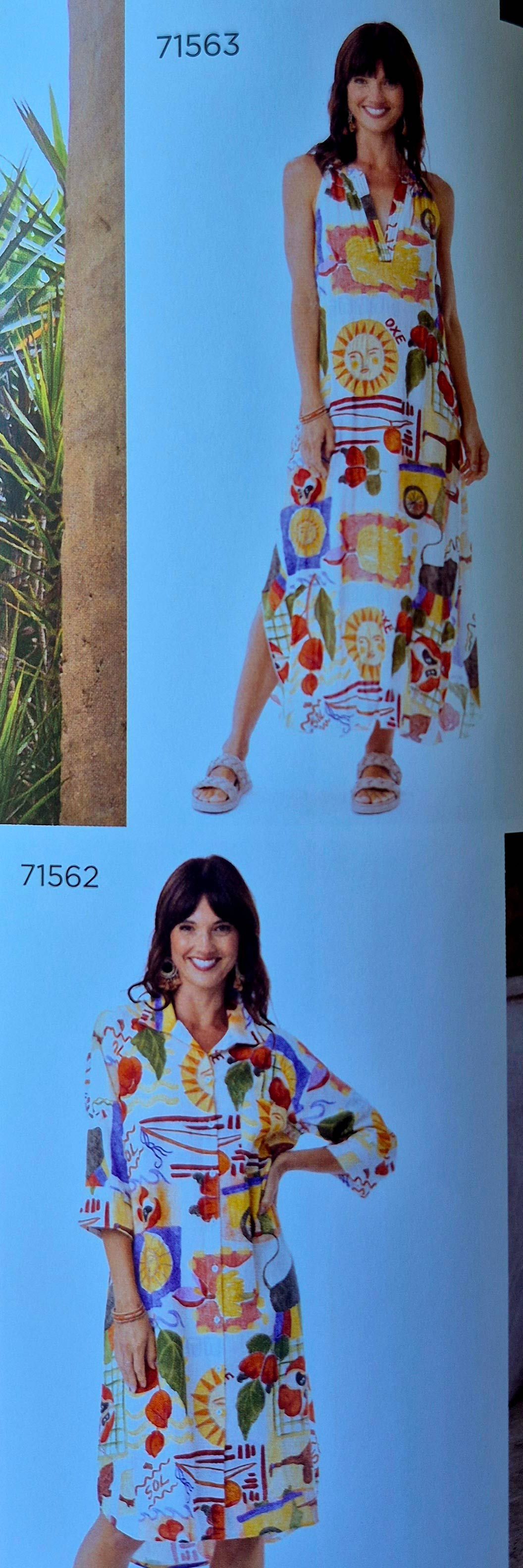 Woman in a white printed dress, smiling. Another woman wearing a similar dress.