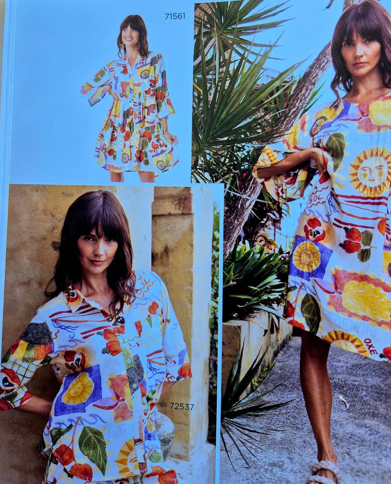 Woman in colorful patterned dress, outdoor setting.