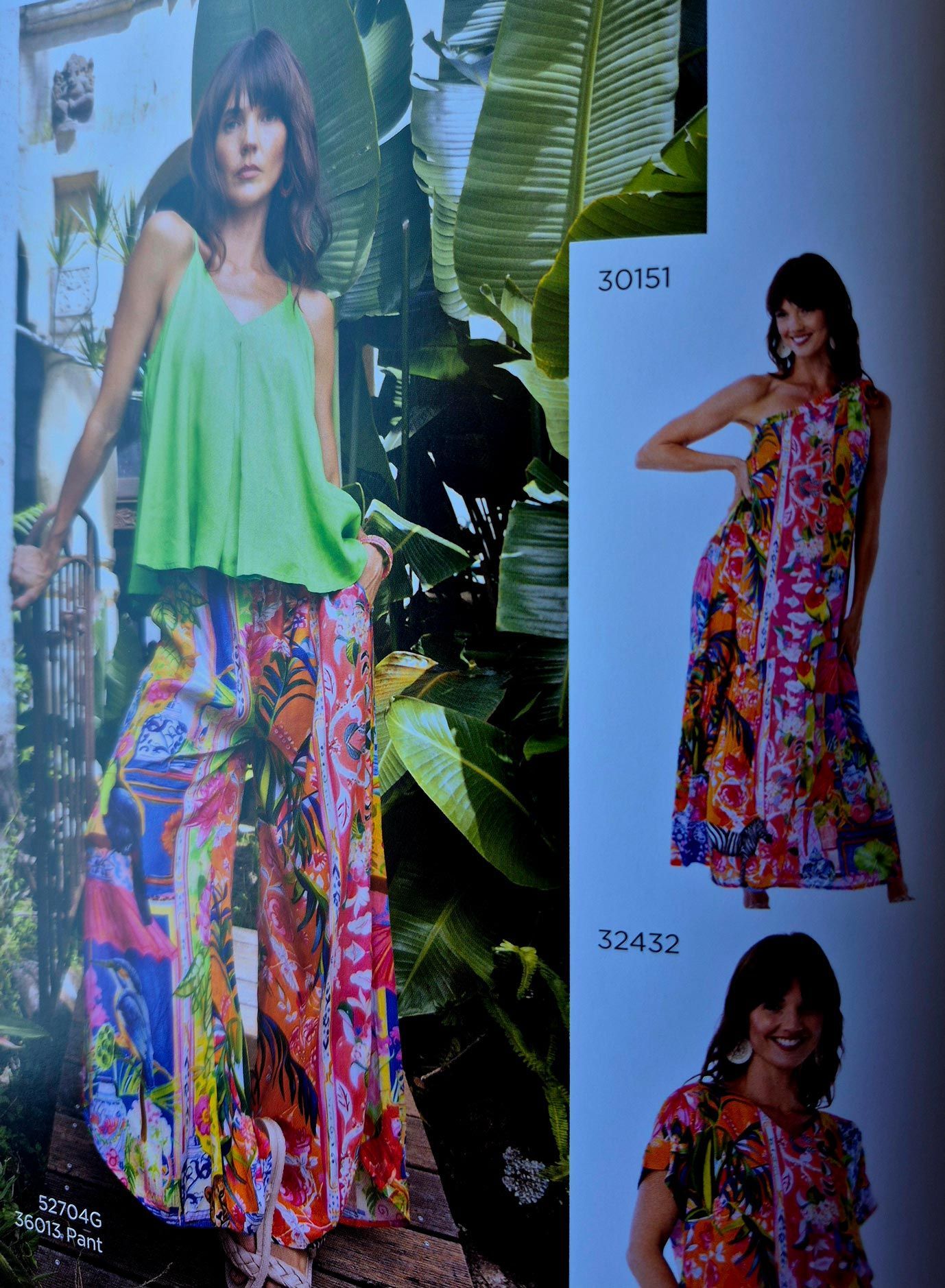 Woman in green top and floral pants, tropical setting. Other outfits in similar patterns.