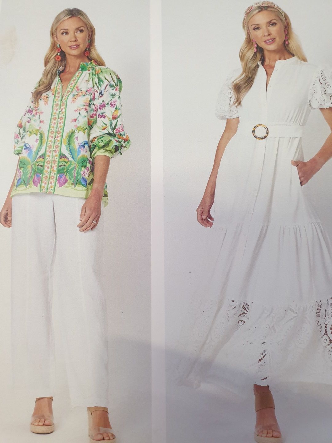 Woman in floral top and white pants, woman in white dress with belt.