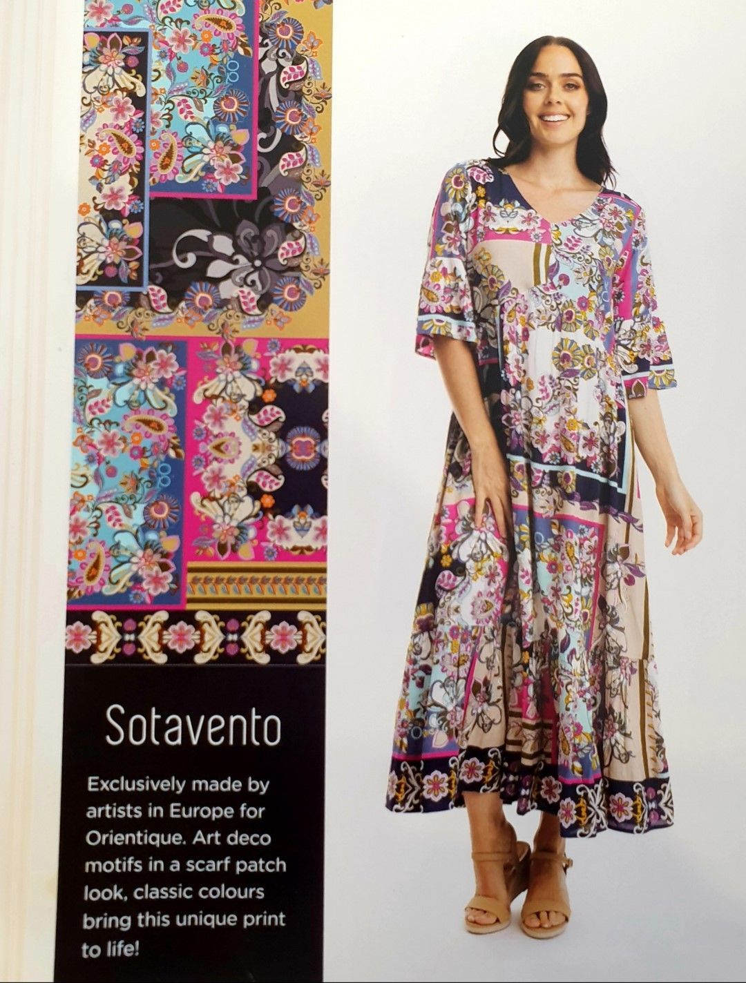 Woman in a colorful floral maxi dress, standing next to a print of the dress's pattern; text: 