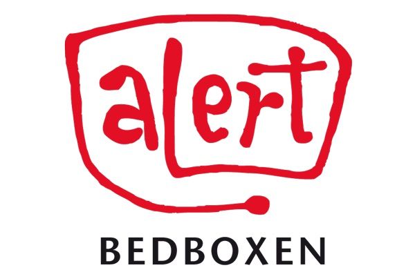 a red alert bedboxen logo on a white background
