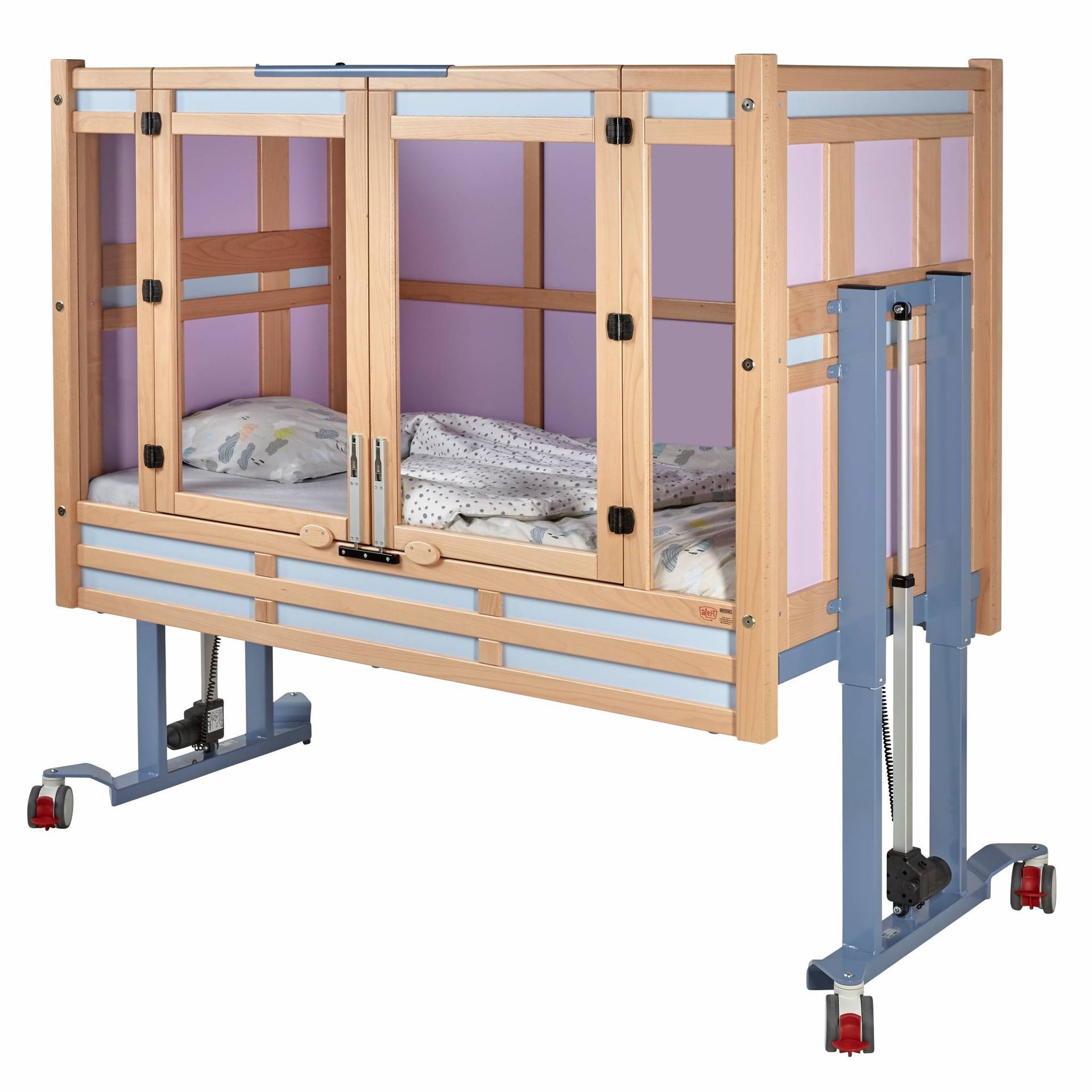 A wooden bunk bed with purple sheets and a blue frame