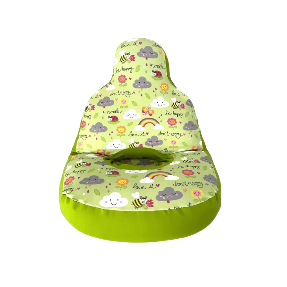 A green snoezi chair with a rainbow , clouds and flowers on it.