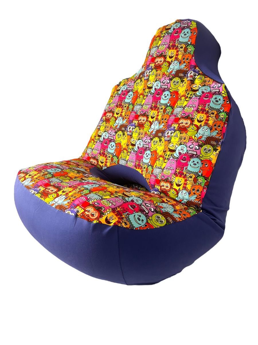 A purple snoezi chair with a colorful pattern on it