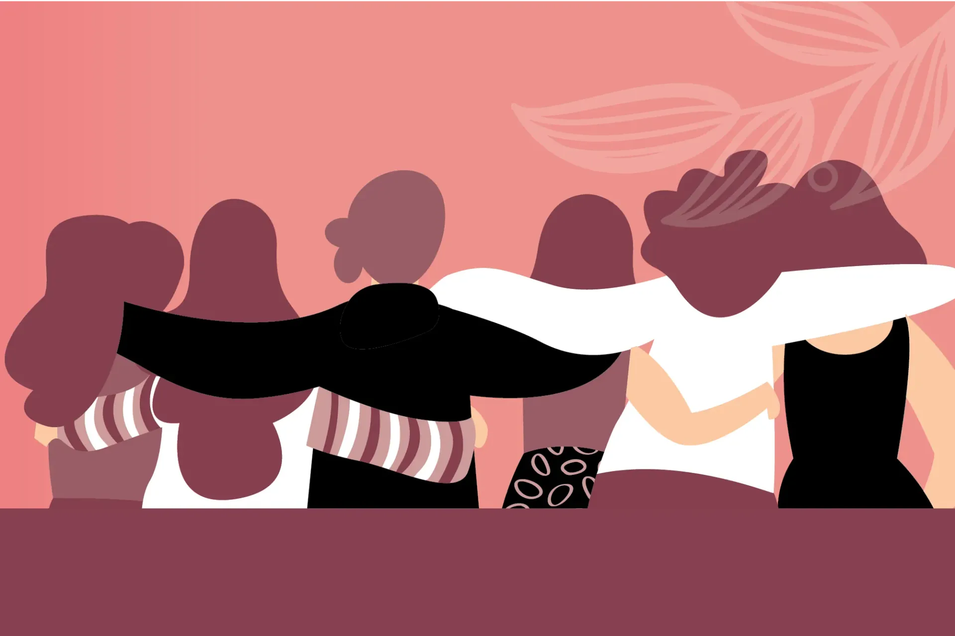 A group of women are hugging each other on a pink background.