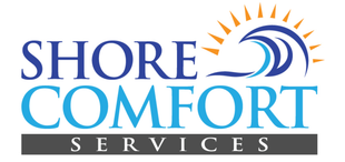 a logo for shore comfort services with a wave and sun