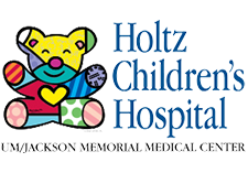 Holtz children 's hospital logo with a teddy bear on it