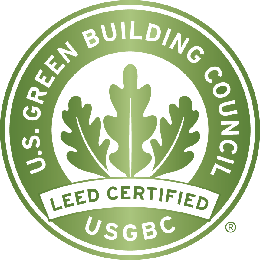 LEED Certified US Green Building Council logo: Green seal with oak leaf design and text.