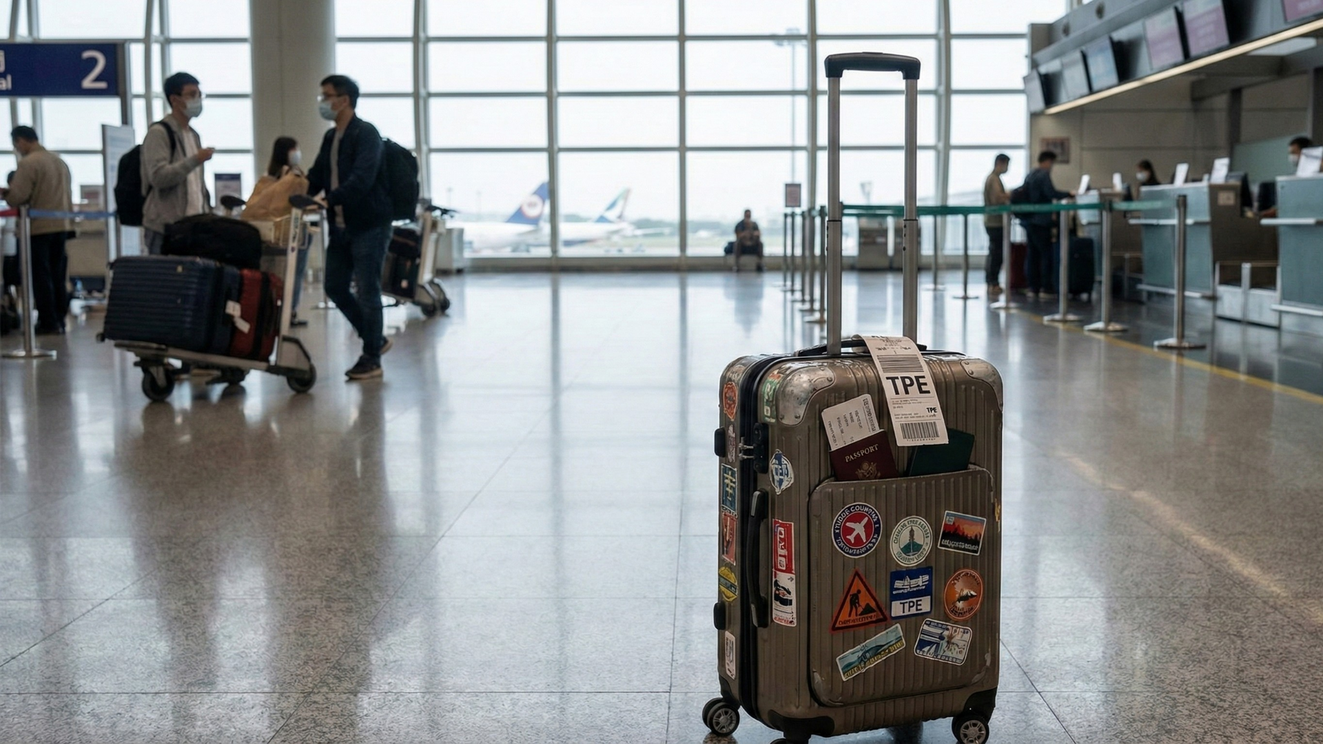 A travel suitcase with a TPE tag at Taoyuan Airport, representing MyProGuide's seamless 8-12 hour custom Taipei layover tours.