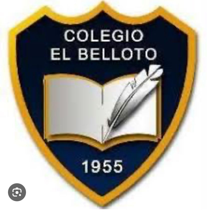 El logotipo del colegio el belloto es un escudo con un libro abierto y una pluma.
