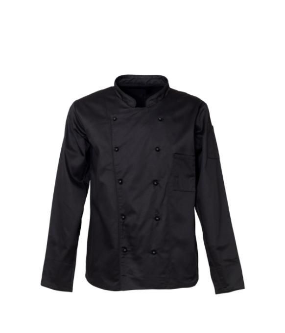 Una chaqueta de chef negra con mangas largas y botones.