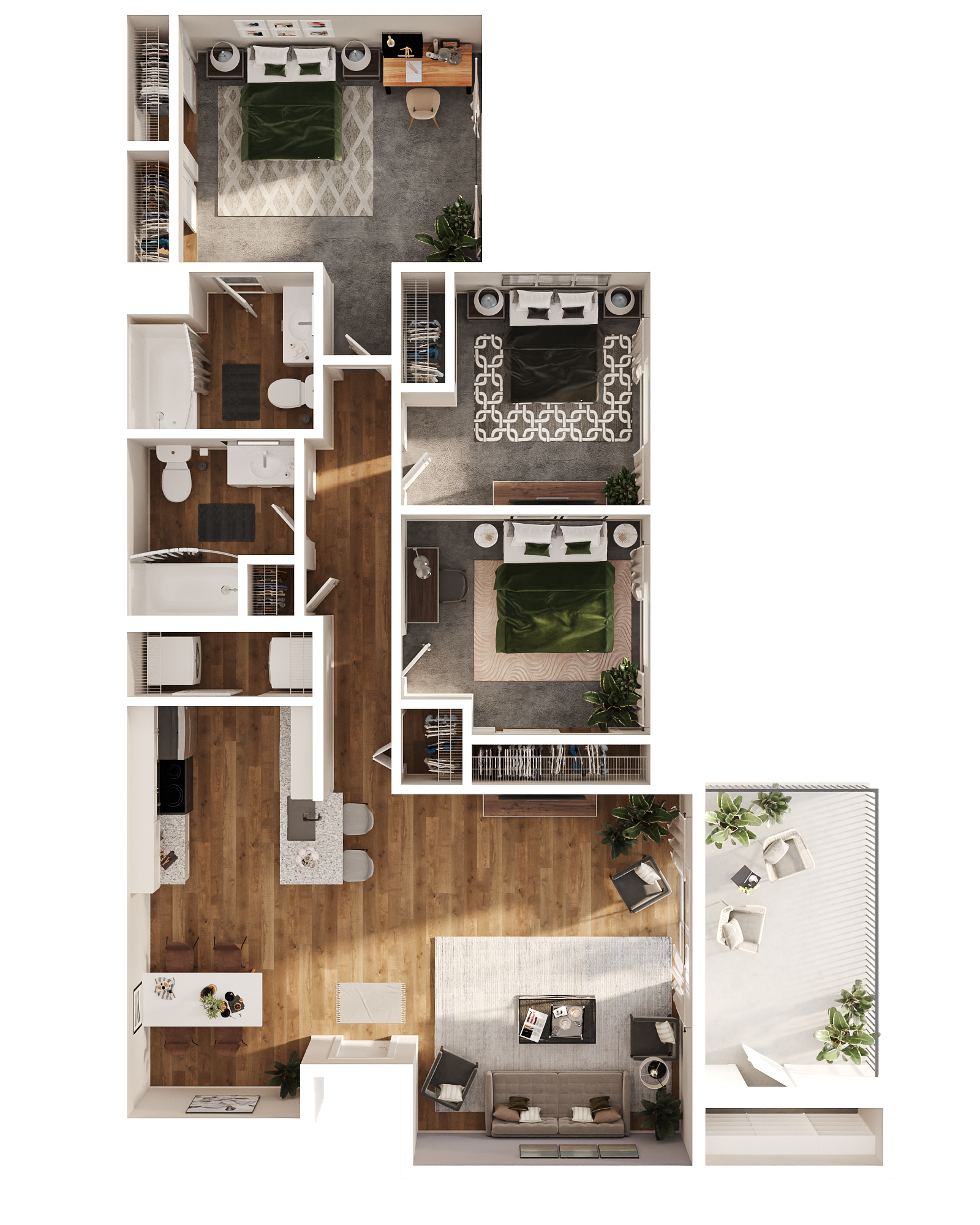 Floor plan of a multi-bedroom apartment with a kitchen, living room, and balcony.