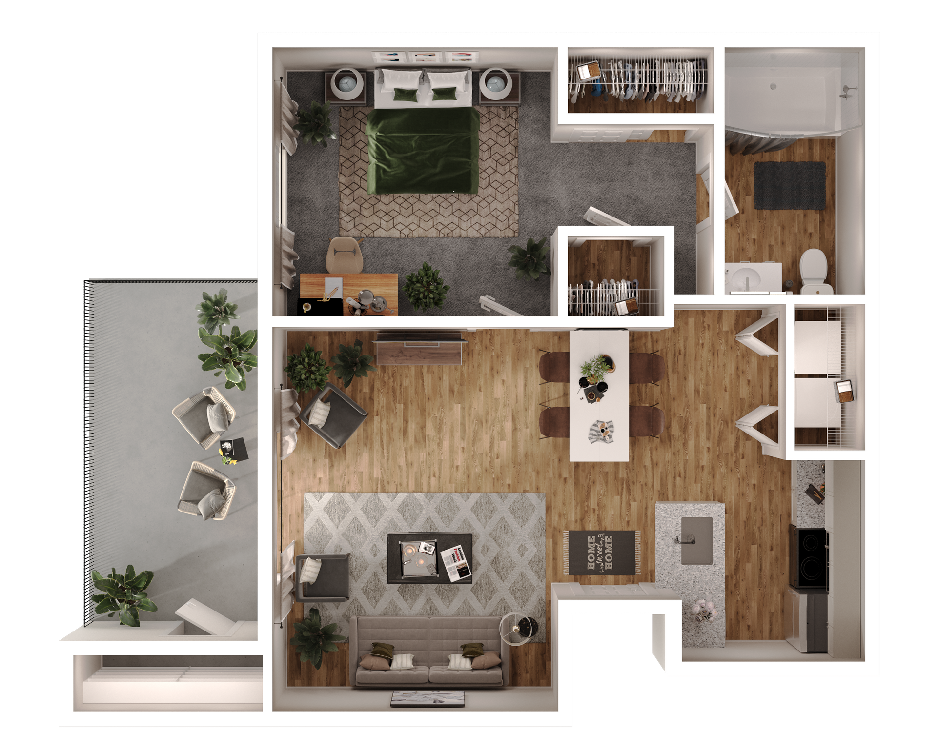 3D floor plan of The Darby one-bedroom, one-bathroom apartment with balcony and open living area