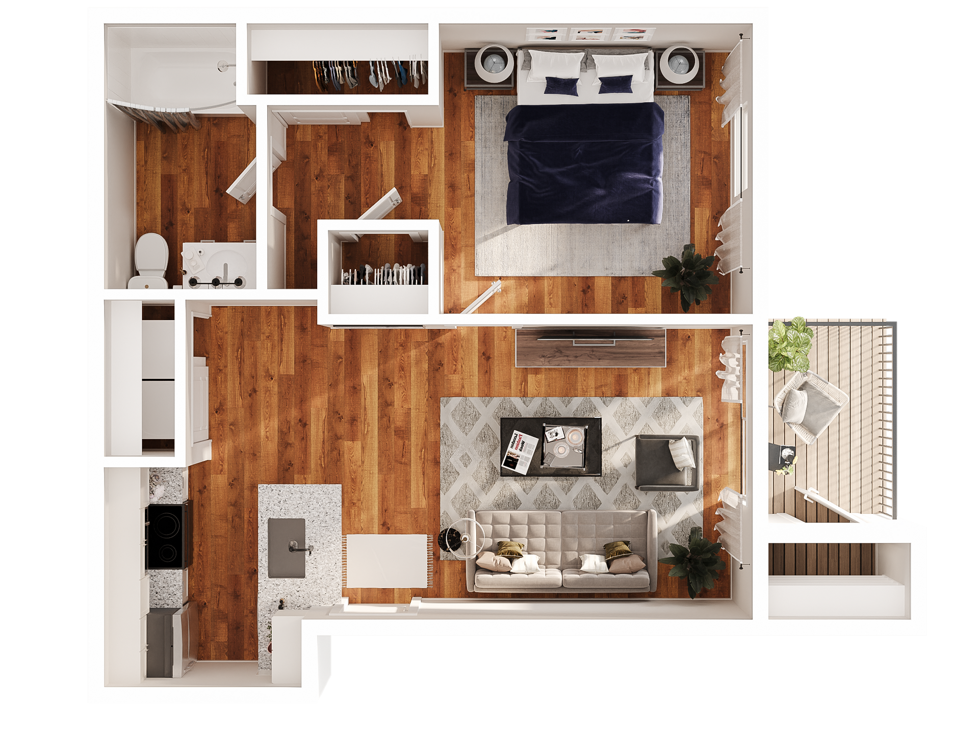 3D floor plan of The Wabash apartment with one bedroom, one bathroom, kitchen, and living room
