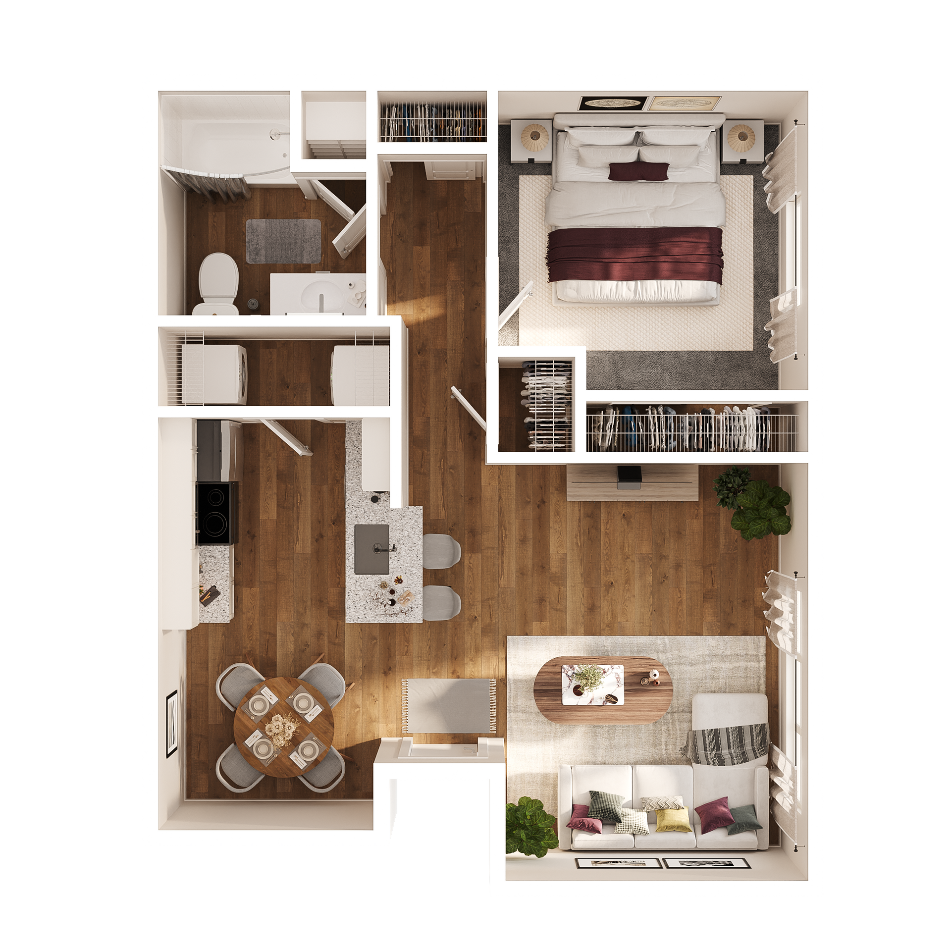 3D floor plan of The Mochican one-bedroom apartment with kitchen, living room, and bathroom