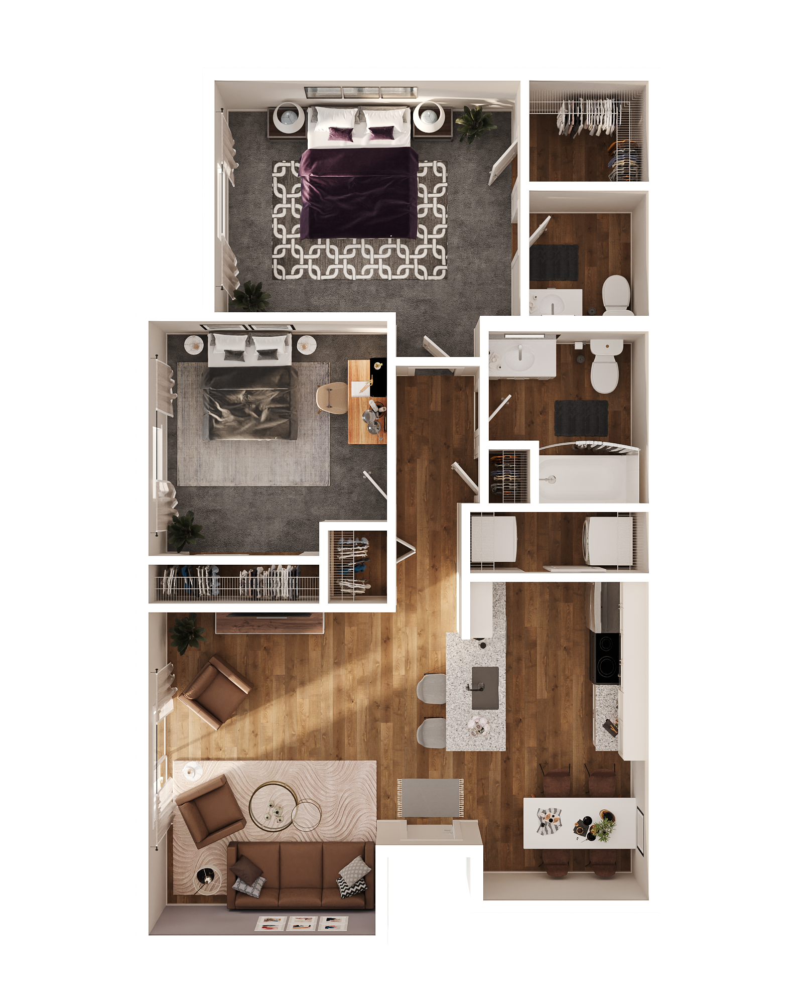 3D floor plan of White Oak one-bedroom apartment with bathroom, kitchen, and open living area