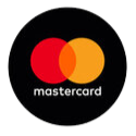 Mastercard logo: overlapping red and orange circles on a black background, with the word 