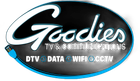 the logo for goodies tv and communications is blue and black