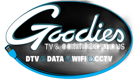 the logo for goodies tv and communications is blue and black
