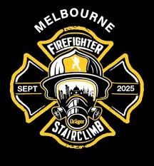Logo for the Melbourne Firefighter Stair Climb. Features a Maltese cross with a firefighter’s helmet, respirator, and city skyline. Gold and black.