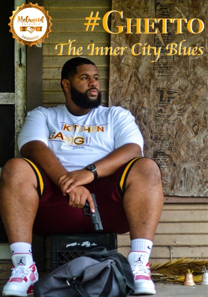 Man seated, holding a gun. Wearing white t-shirt, maroon shorts, and red/white shoes. Outdoors, by dilapidated building.