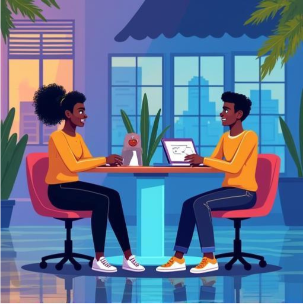 Two people sit at a table outdoors, looking at each other, one using a laptop, plants and buildings in the background.