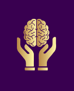 Gold hands holding a gold brain on a purple background.