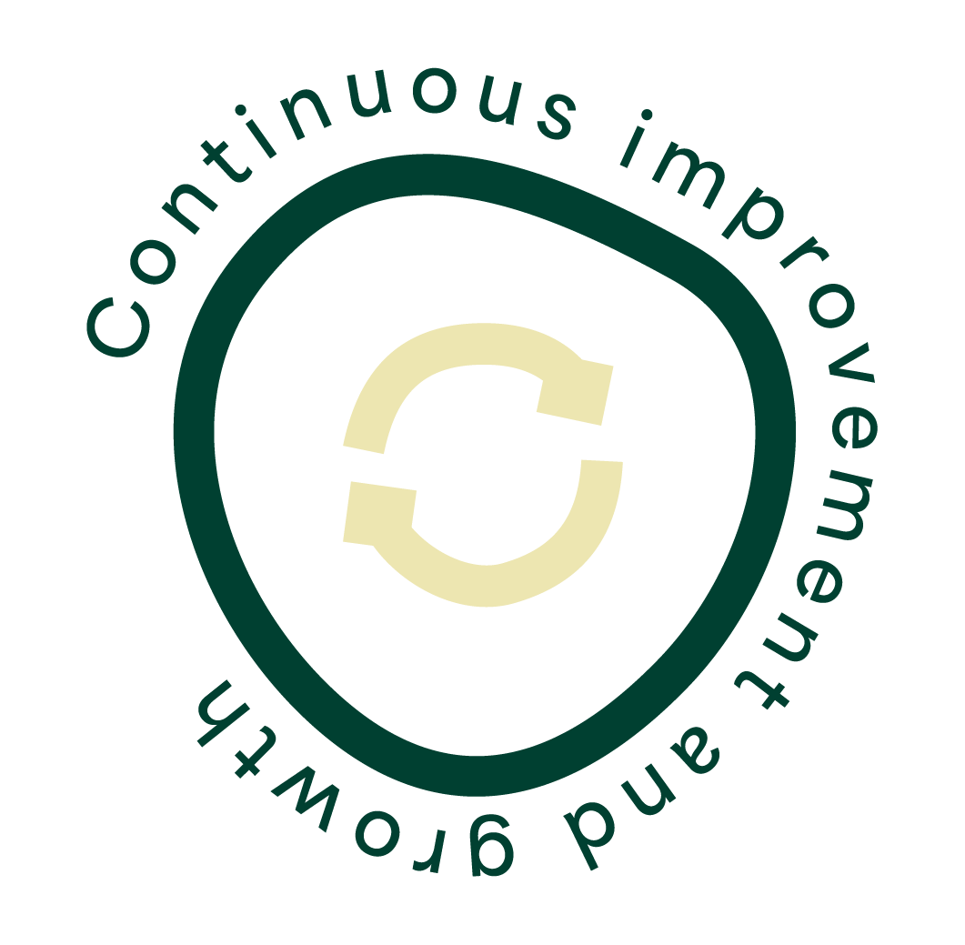 Dark green circular graphic with the words