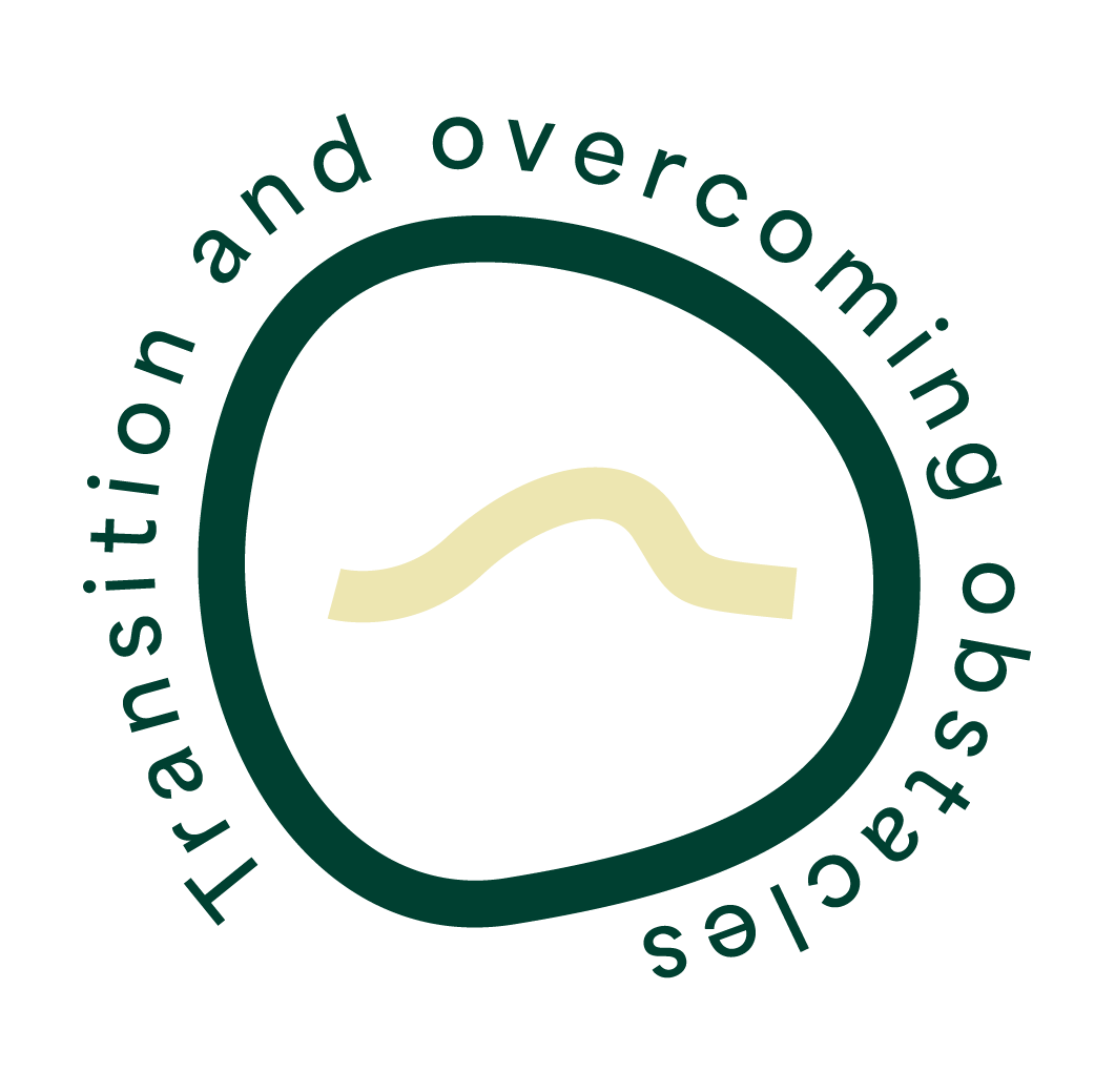 Logo with green irregular circle surrounding a cream-colored undulating line; text reads