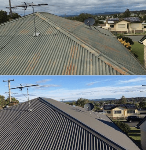 A Before and After Picture of a roof with a Satellite Dish on it — Mad About Metal Roofing & Guttering PTY LTD in Newcastle, NSW