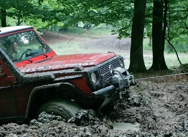 A red jeep is stuck in the mud in the woods