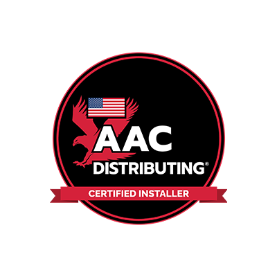 AAC Distributing logo: black circle with red border; eagle, US flag; "AAC DISTRIBUTING" and "CERTIFIED INSTALLER".